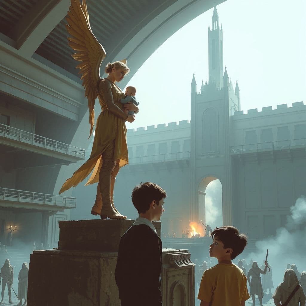 Surreal dream scene, cinematic and atmospheric, digital art: A serene angelic protector standing tall inside a vast modern fortress with multiple levels, holding a small child close while preparing to defend against an unseen battle below, surrounded by ethereal light and subtle figures representing captives, as a worried young man with an injured eye receives guidance from an older brother nearby.