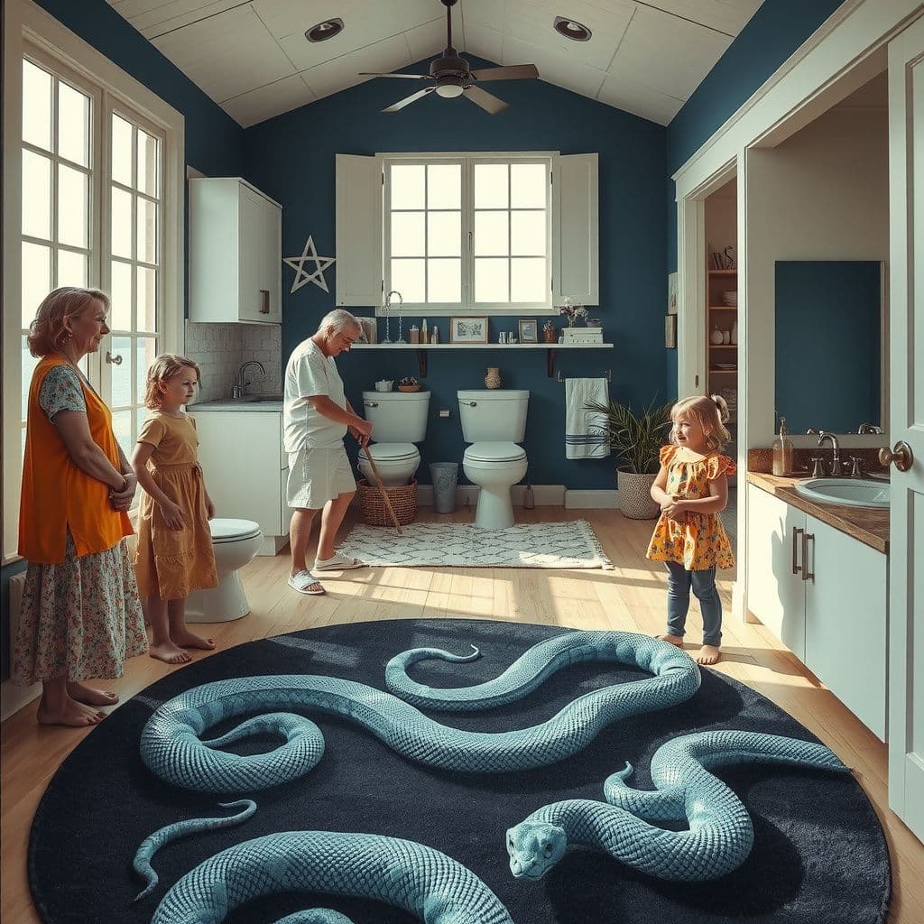 Surreal dream scene, cinematic and atmospheric, digital art: A person cleans a charming elevated blue and white beach house filled with coastal decor, while two caring elderly women watch nearby and playful young girls giggle quietly, as a mysterious pattern of blue and dark snakes subtly ripples beneath a large bathroom rug.