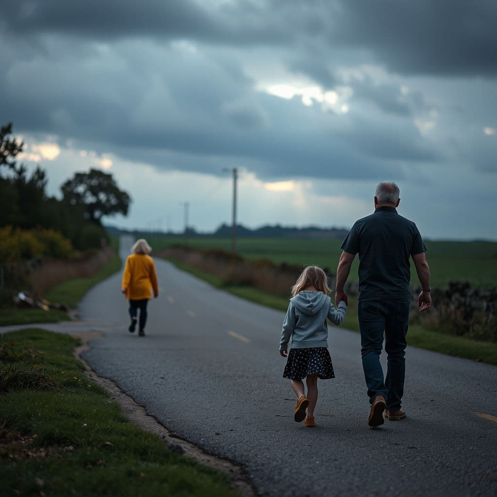 Surreal dream scene, cinematic and atmospheric, digital art: A reflective scene depicting a man walking thoughtfully with a young girl along a country road, while in the distance his former wife and their visibly injured daughter walk briskly past, under a somber sky with muted colors, capturing themes of emotional pain, separation, and complex family dynamics in a cinematic, dreamlike style.