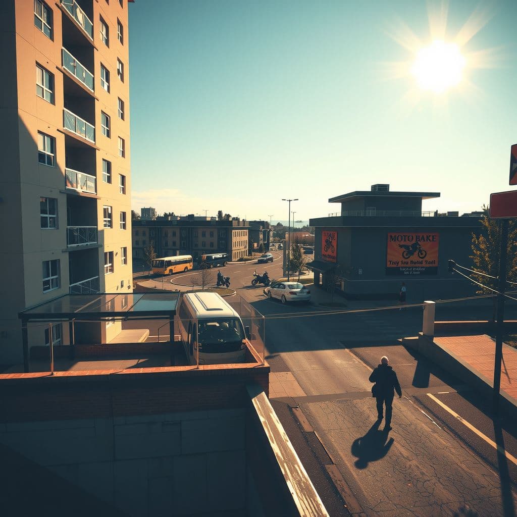 Surreal dream scene, cinematic and atmospheric, digital art: A person explores a modern apartment complex with hidden bus stops and an indoor mall connected to the building, encountering neighbors and a lively motocross racing area nearby under a bright afternoon sky.