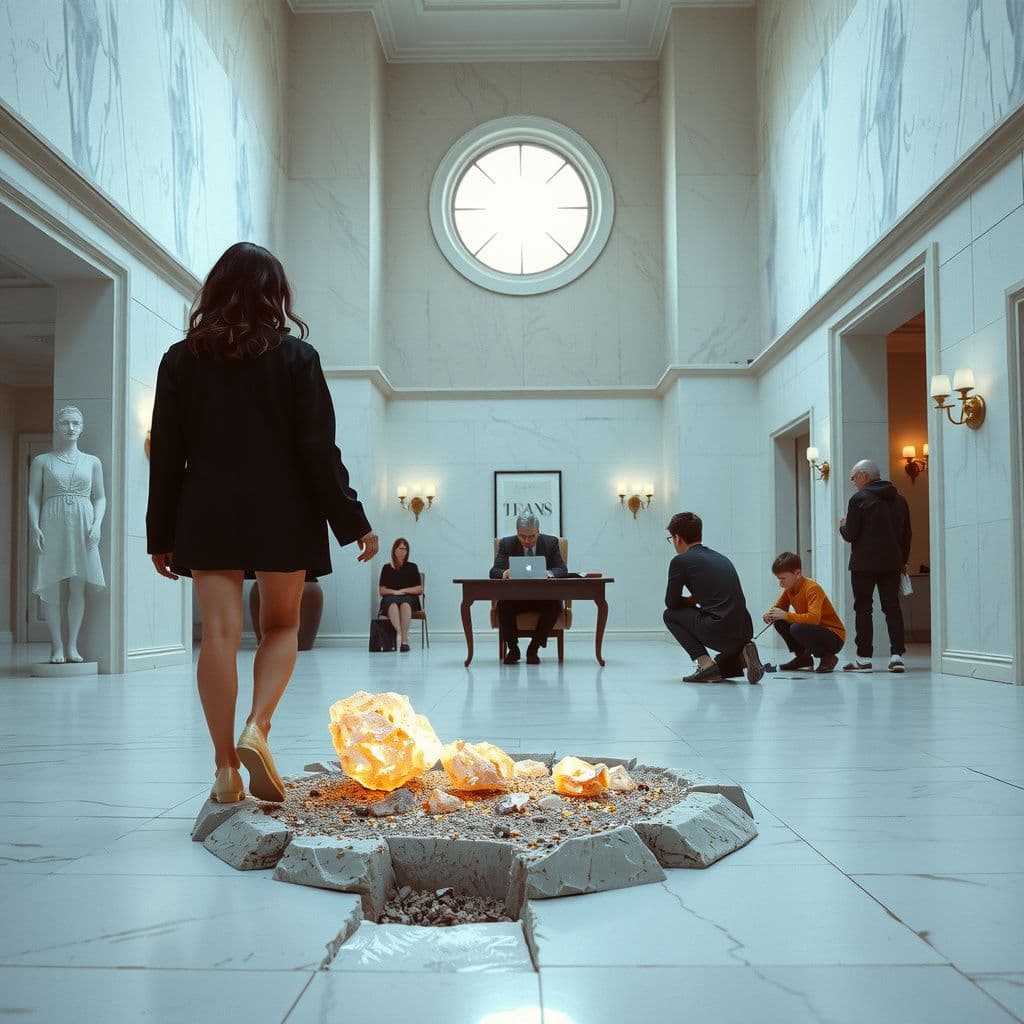 Surreal dream scene, cinematic and atmospheric, digital art: A spacious, elegant museum lounge adorned entirely with white marble floors and walls features a solitary teacher seated quietly behind a wooden desk, while nearby students engage in digging a purposely broken marble floor area searching for crystals and experimenting with delicate, translucent crystal-like formations resembling candy.
