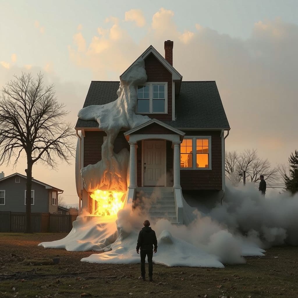 Surreal dream scene, cinematic and atmospheric, digital art: A surreal scene depicting a person standing outside their dream-like house, which appears to be melting and burning gently as if controlled by their mind, with a distant figure watching calmly under a soft, dreamlike sky.