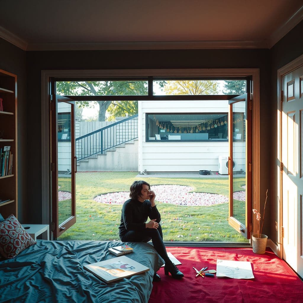 Surreal dream scene, cinematic and atmospheric, digital art: A peaceful scene shows a person sitting inside a cozy room that opens onto a grassy courtyard where friends create intricate lawn patterns and Valentine’s Day crafts, while a calm figure resembling Marilyn Manson sits nearby, sharing a quiet moment together amid vibrant art supplies and soft daylight.