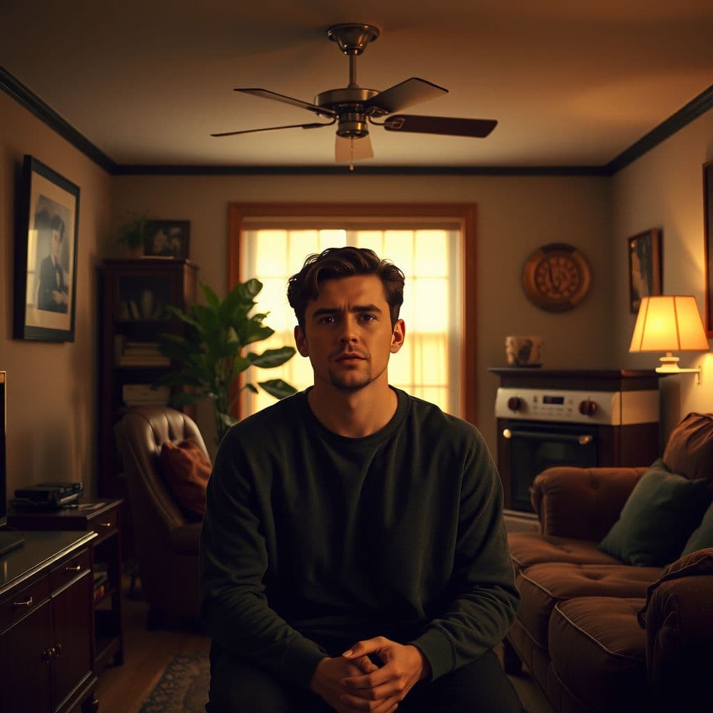 Surreal dream scene, cinematic and atmospheric, digital art: A surreal scene inspired by a 90s sitcom, featuring a confused young man torn between two relationships, set in a cozy suburban living room with warm lighting and vintage decor.