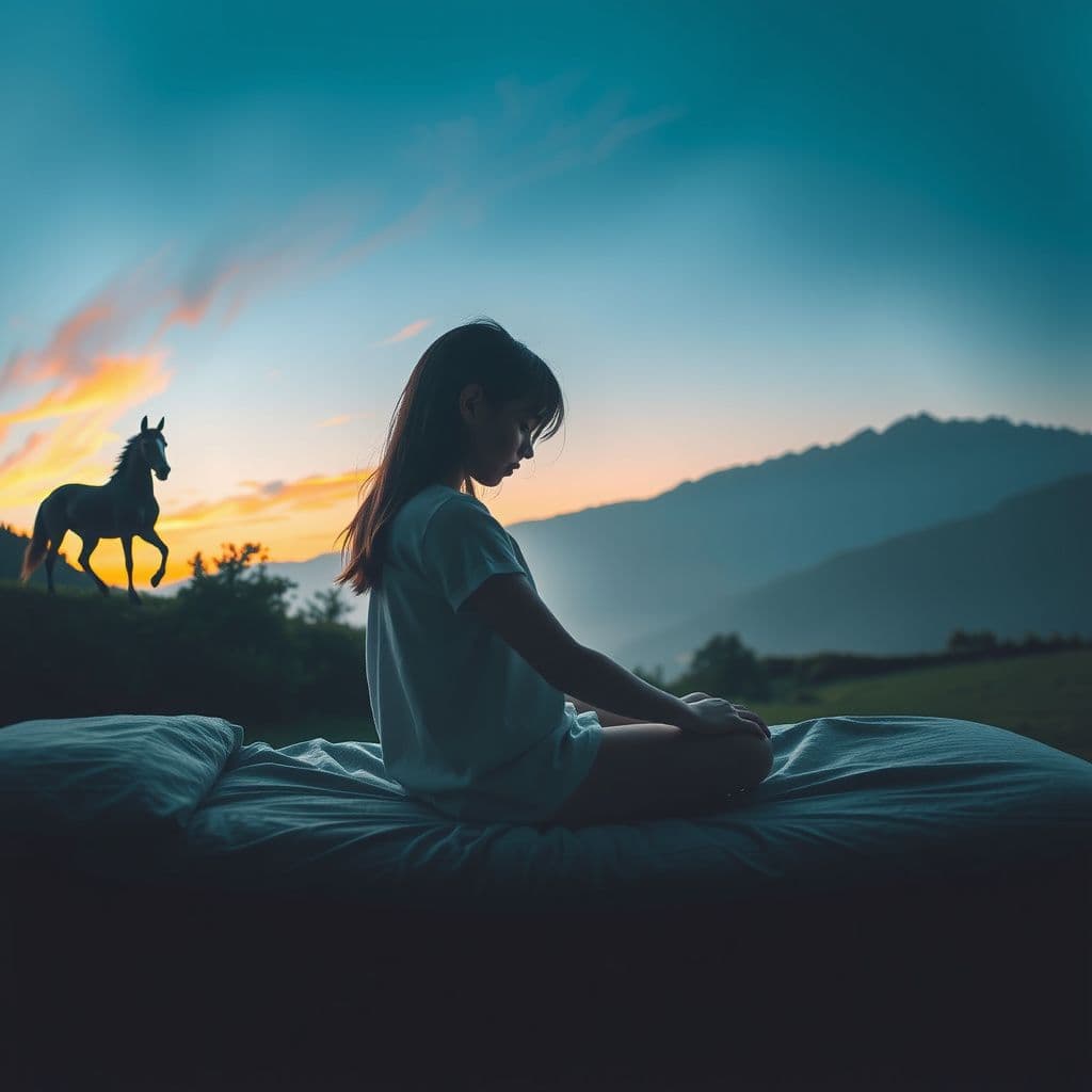 Surreal dream scene, cinematic and atmospheric, digital art: A peaceful morning scene where a young person wakes up and hears their grandmother's gentle voice calling for their aunt outside a cozy countryside home.