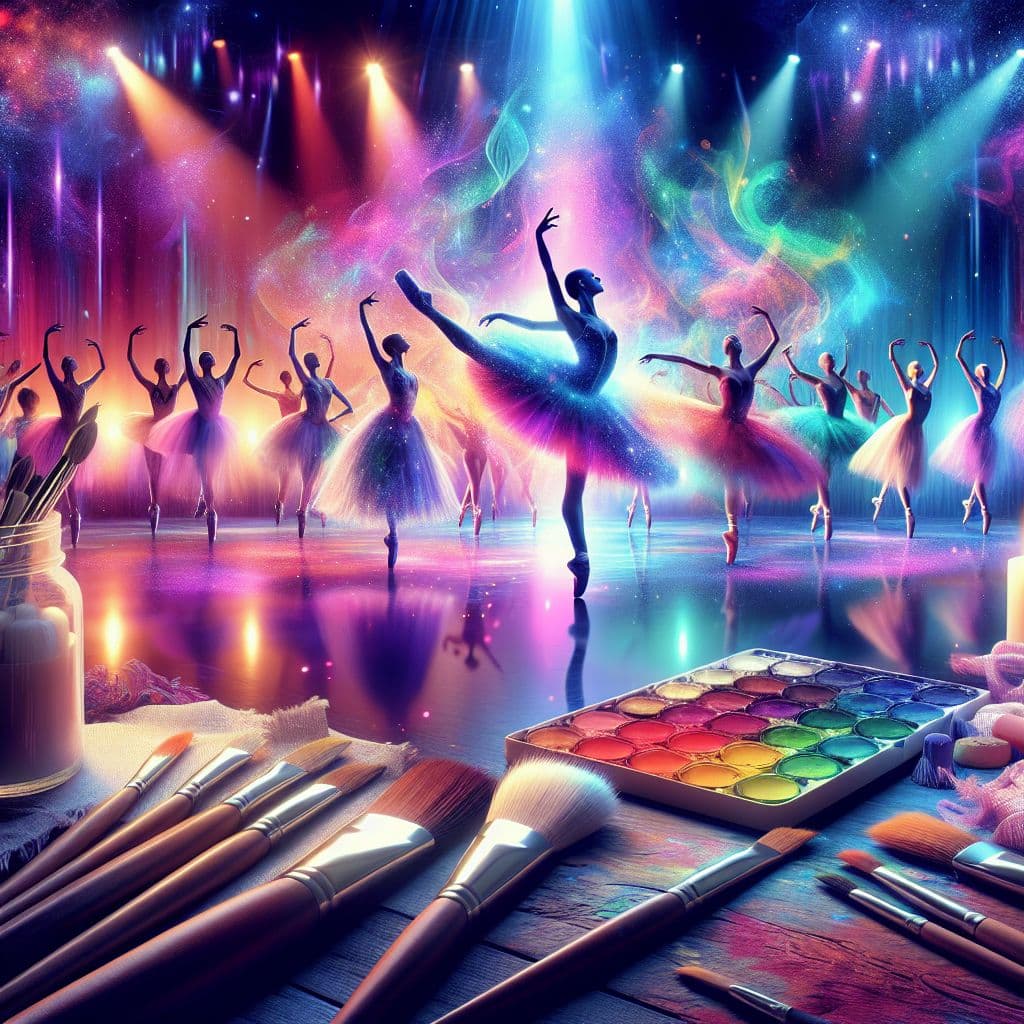 Digital art 4k scene from a movie: Generate an image of a rainbow-colored ballet performance, filled with lights and inspiring performers showcasing their creative process.