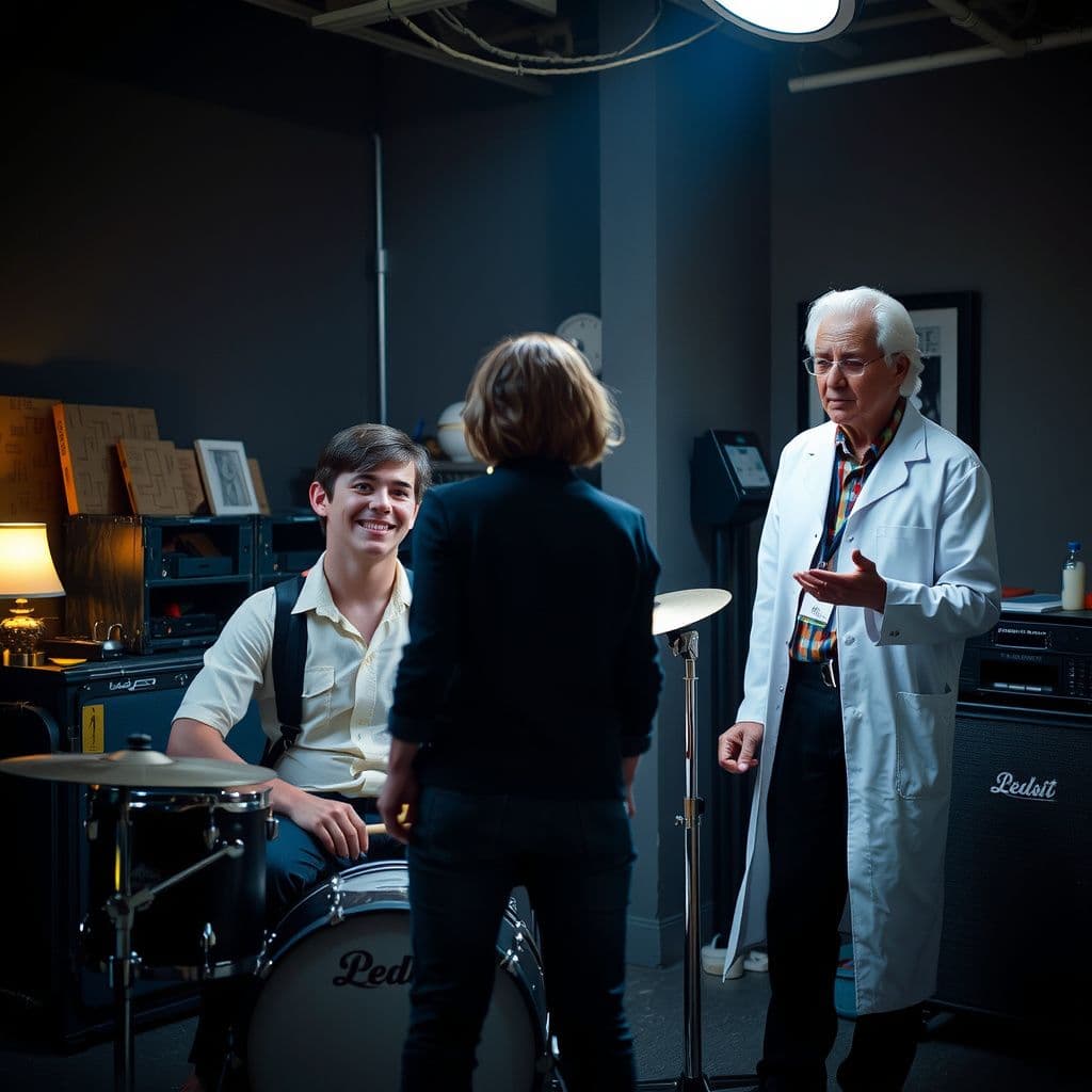Surreal dream scene, cinematic and atmospheric, digital art: A young drummer resembling a youthful version of the Back to the Future character sits behind his drum set, smiling and nodding knowingly at a confused figure standing before him, while a scientist nearby shrugs with a bemused expression in a dimly lit room.