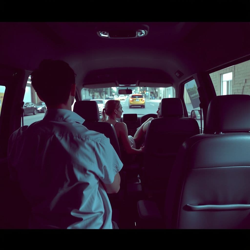 Surreal dream scene, cinematic and atmospheric, digital art: A contemplative person lies in the backseat of a parked van at night, watching a quiet argument between a couple in the front seats, with a city street softly illuminated outside.
