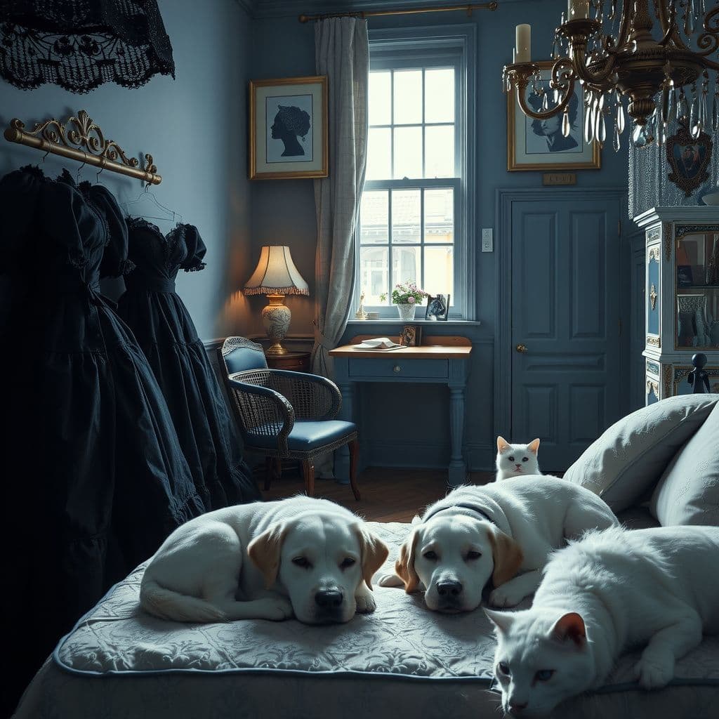 Surreal dream scene, cinematic and atmospheric, digital art: A serene Victorian gothic boutique with vintage black puffy dresses displayed elegantly, a cozy blue-themed bedroom adorned with diamonds and soft fabrics, large fluffy white dogs resting under the bed, playful white cats wandering around, and a mysterious small door hinting at a hidden secret, all bathed in soft, warm lighting.