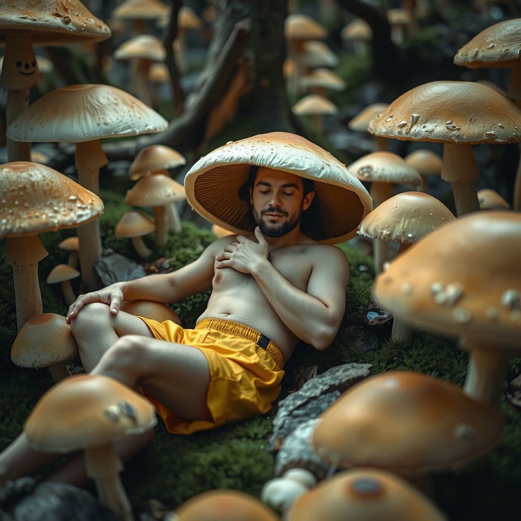 Surreal dream scene, cinematic and atmospheric, digital art: A person wearing gold swim trunks and a Tyrolean hat lies peacefully embracing the stem of a large smiling mushroom in a vast, fragrant forest made entirely of variously sized cozy mushrooms that seem to whisper gently around them.