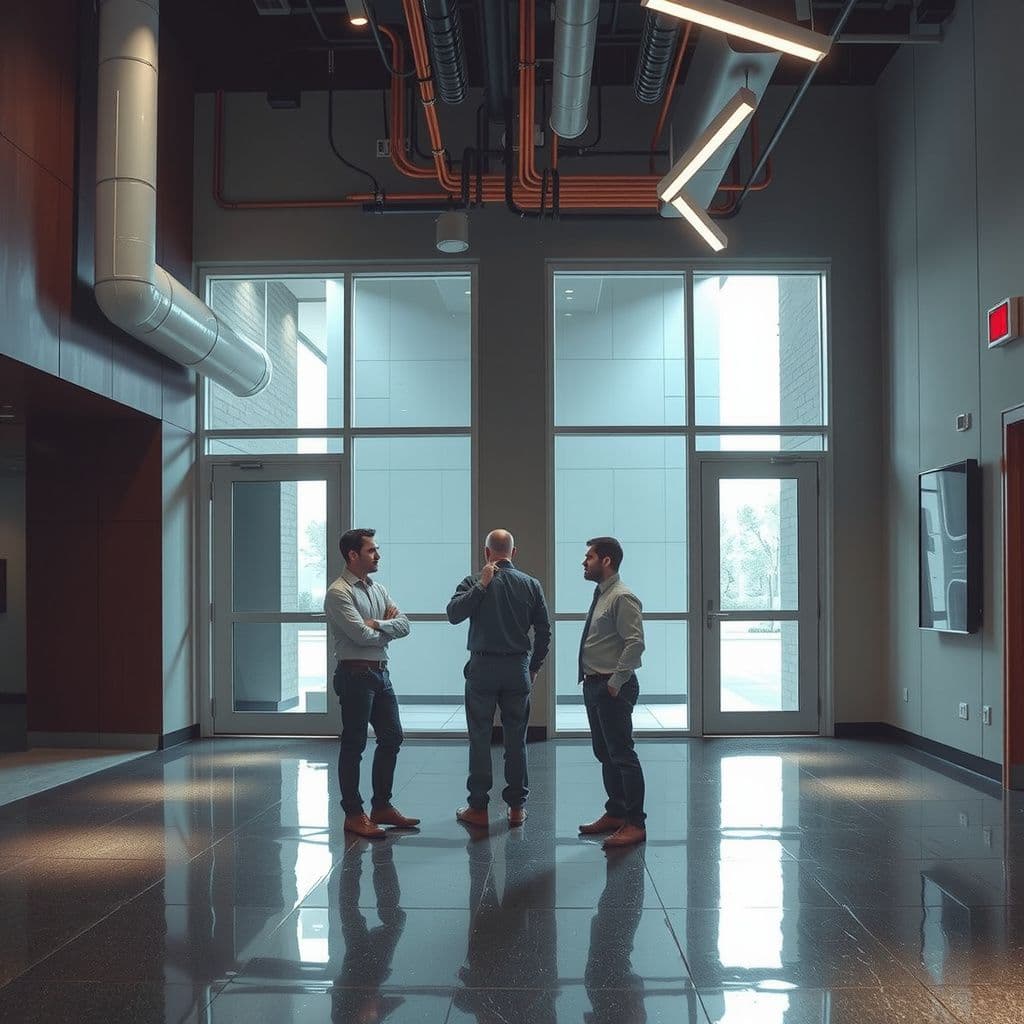 Surreal dream scene, cinematic and atmospheric, digital art: A group of professionals in a modern building lobby, preparing to install an alarm system, discussing wiring challenges with exposed masonry walls and planning to run wires discreetly above a drop ceiling.