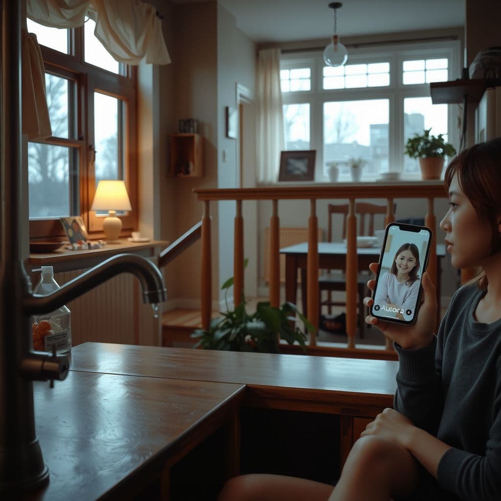 Surreal dream scene, cinematic and atmospheric, digital art: A cozy, slightly spooky early morning scene inside a warm family house with a running faucet, a faint beeping noise from a metal detector with a low battery, soft natural light filtering through windows, and a person sitting on the staircase looking at a phone displaying a cheerful photo of a girl named Aurora.
