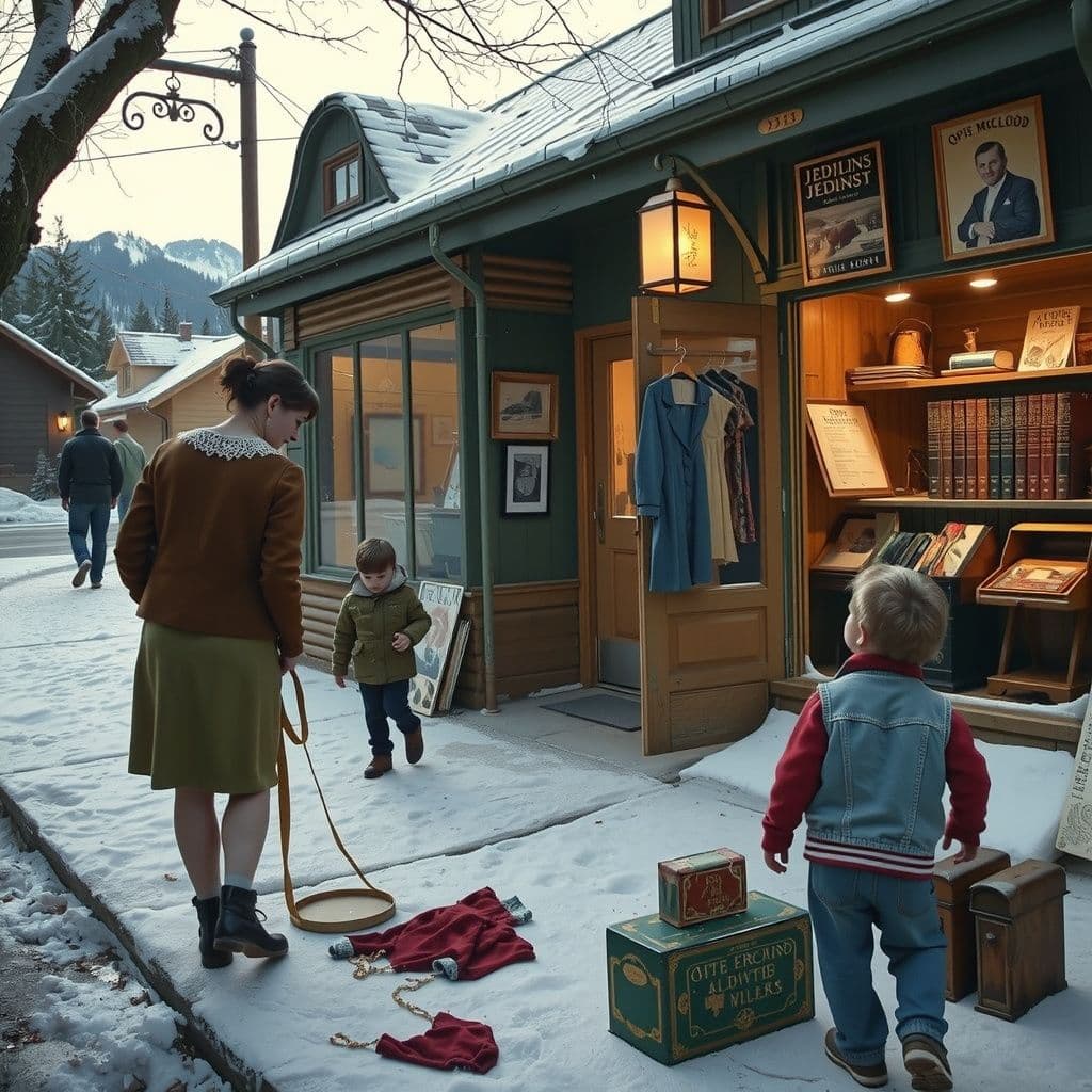Surreal dream scene, cinematic and atmospheric, digital art: A serene snowy mountain scene outside a cozy secondhand store where a woman helps a saleslady gather fallen clothes as a child tugs at them nearby, while inside, shelves display vintage books about Jediism by Opie McLeod and antique miniature mail desks surrounded by fascinated shoppers.