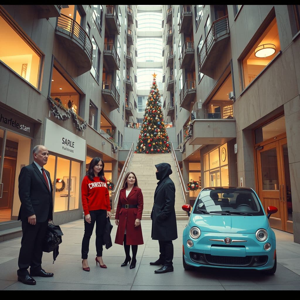 Surreal dream scene, cinematic and atmospheric, digital art: A serene, interconnected modern condominium complex filled with elegant shops, festive Christmas decorations, diverse residents including a tall uncle, a fashionable woman in business attire, a man in a black and red Christmas sweater, and a mysterious figure dressed as a vampire, all gathered for a family photo near towering marble stairs and a vibrant turquoise Fiat parked outside.
