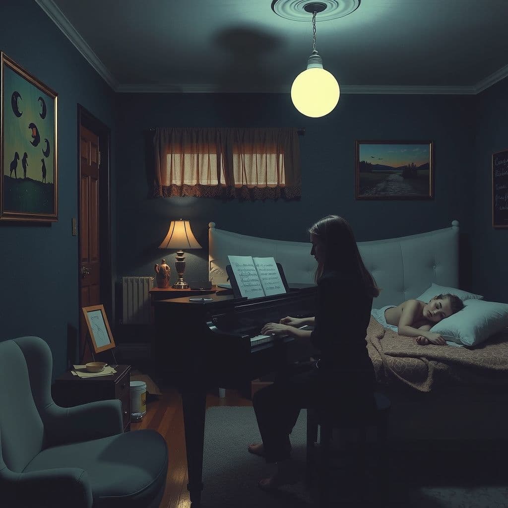 Surreal dream scene, cinematic and atmospheric, digital art: A person playing a piano softly in a dimly lit, quirky and slightly melancholic apartment room while two others sleep peacefully nearby, with an imaginative, dreamy atmosphere.