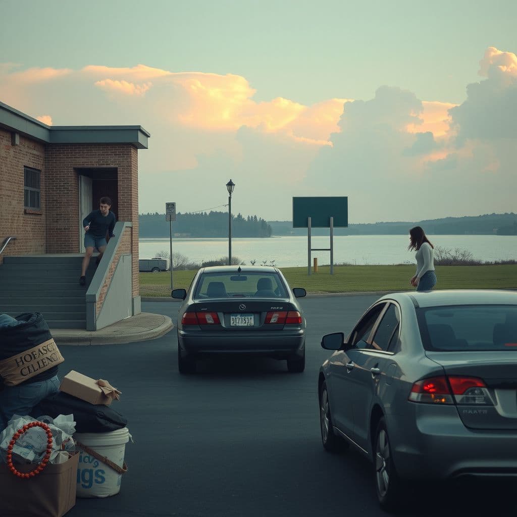 Surreal dream scene, cinematic and atmospheric, digital art: A surreal scene depicting a person running lightly up the stairs in an old elementary school building, then driving a car by a serene lake with two girls, encountering a mysterious doppelgänger woman in a quiet neighborhood, and cautiously moving belongings between cars in a busy grocery store parking lot under a calm sky.