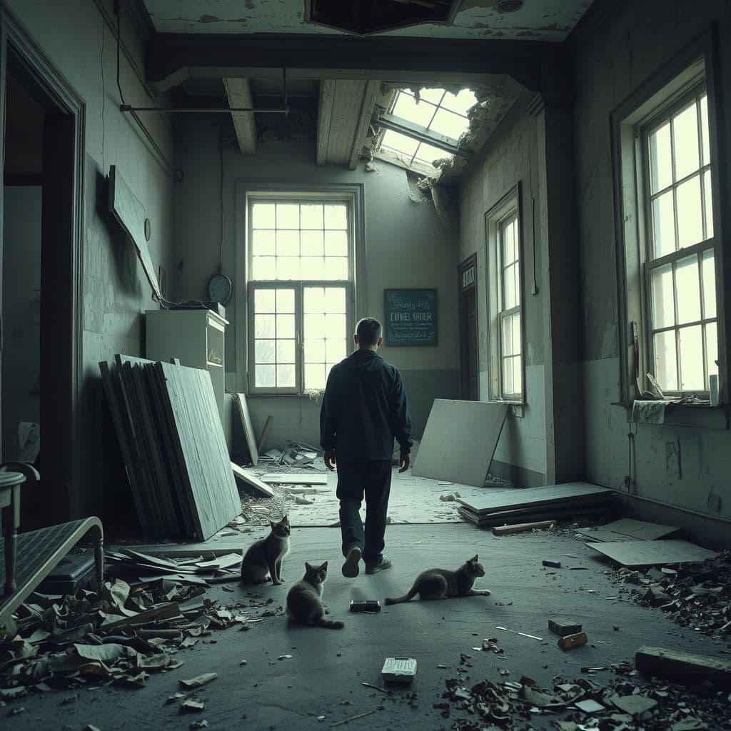 Surreal dream scene, cinematic and atmospheric, digital art: A person carefully navigating a decaying, partially demolished old house with damaged ceilings and scattered belongings, softly illuminated by natural light filtering through broken windows, while gentle cats seek shelter amid the ruins.