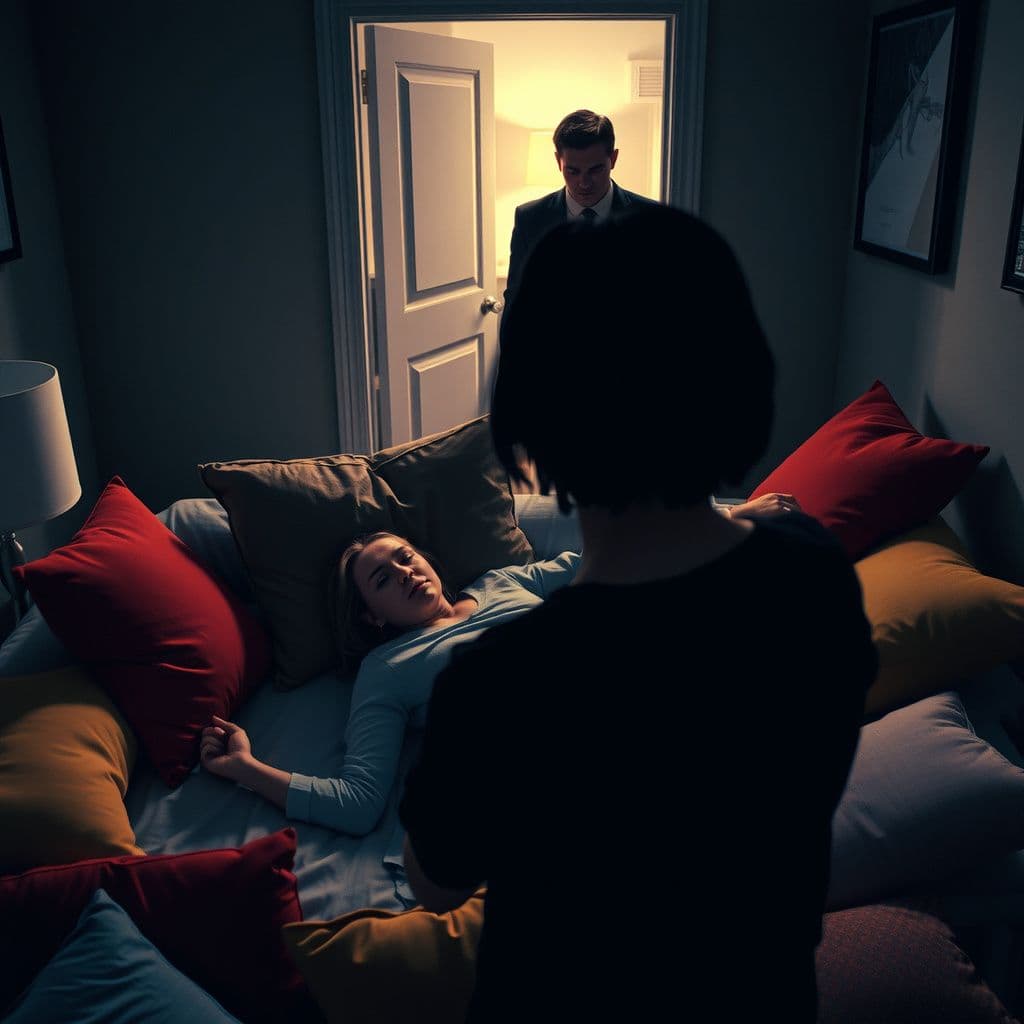Surreal dream scene, cinematic and atmospheric, digital art: A woman lying in a cozy bed surrounded by colorful throw pillows, appearing tired and contemplative, while a shadowy figure with black hair watches her gently from the foot of the bed, with a tense man entering the softly lit room behind her, expressing frustration.