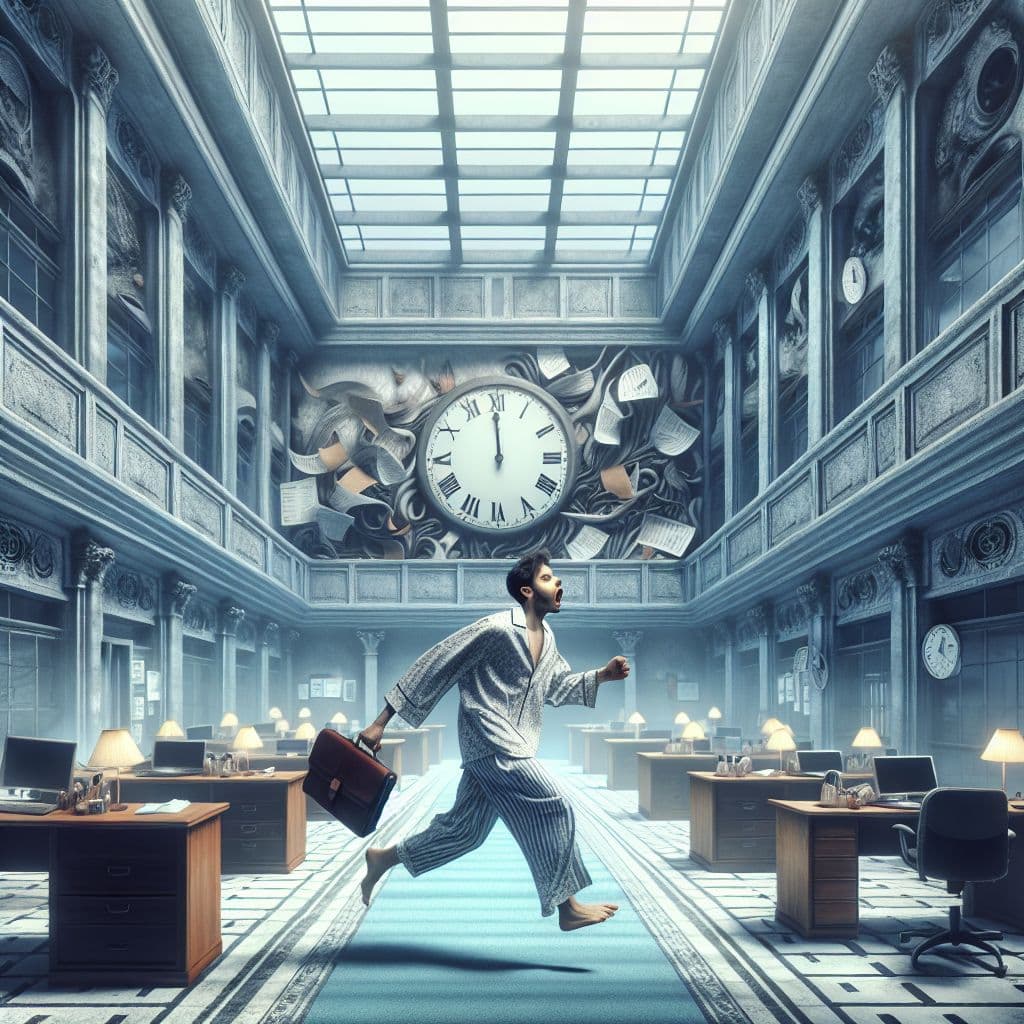 Surreal dream scene, cinematic and atmospheric, digital art: A person wakes up in a tall, empty building with a sterile, hospital and lawyer's office atmosphere, anxiously searching for work clothes while checking the time showing 1pm, feeling a growing sense of panic and the decision to leave without going in.