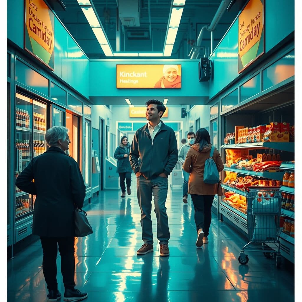 Surreal dream scene, cinematic and atmospheric, digital art: A peaceful street scene showing a person happily talking to themselves aloud in a grocery store aisle, surrounded by calm shoppers who respectfully mind their own business and give space, illustrating a joyful celebration of solitude and self-connection on a quiet holiday.