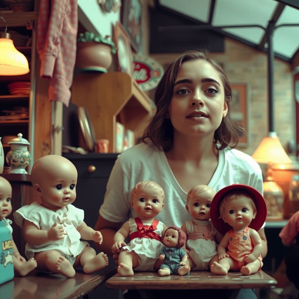Surreal dream scene, cinematic and atmospheric, digital art: A person with a shy yet confident demeanor carefully examining a collection of vintage baby dolls displayed at a cozy indoor yard sale filled with various antique items and warm lighting.