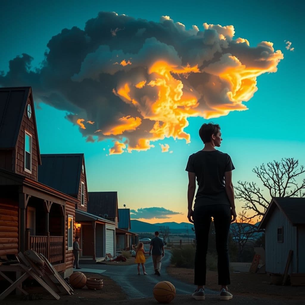 Surreal dream scene, cinematic and atmospheric, digital art: A contemplative woman stands on a ranch-style property at dusk, watching mysterious geometric clouds in the sky while children play around rustic buildings, capturing a moment of quiet reflection and change.