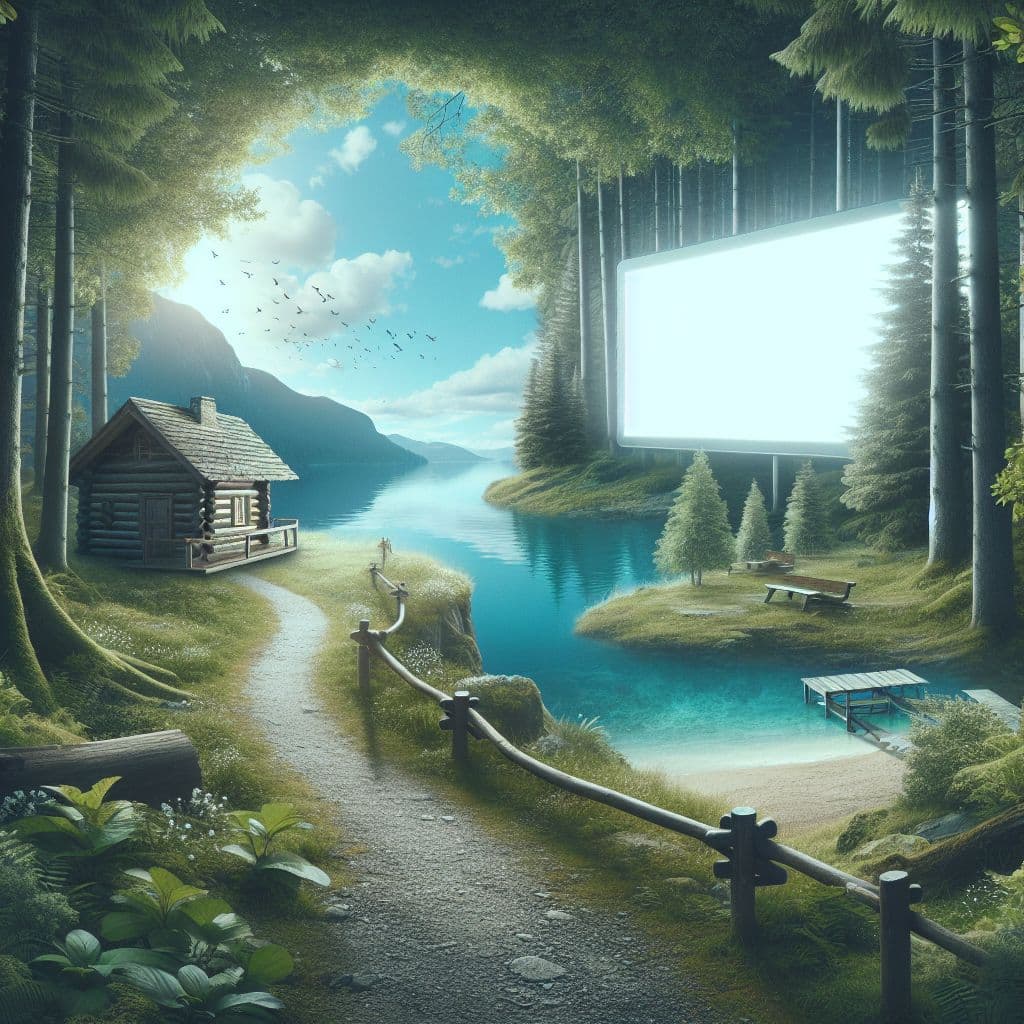 Surreal dream scene, cinematic and atmospheric, digital art: A serene lakeside trail winding through lush forests, leading to a quaint woodland clearing with a distant cozy cabin, an electronic billboard screen softly glowing nearby, and a peaceful beach visible atop a gentle hill under a bright, clear sky.