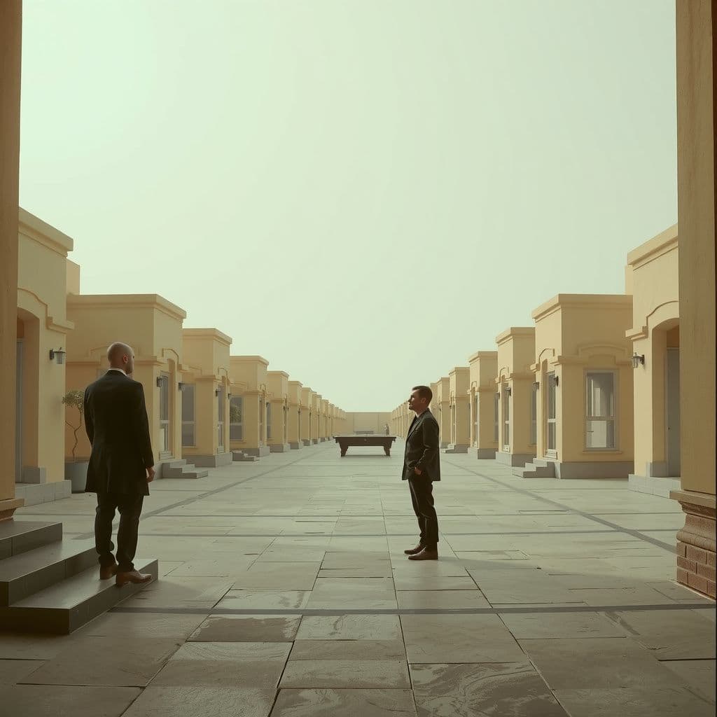Surreal dream scene, cinematic and atmospheric, digital art: A person stands thoughtfully in a beige-toned gated community with uniform small palace-style homes, sitting on steps while an old friend approaches, and later a concerned doctor quietly joins them in a tile-floored hall reminiscent of a pool hall without tables.