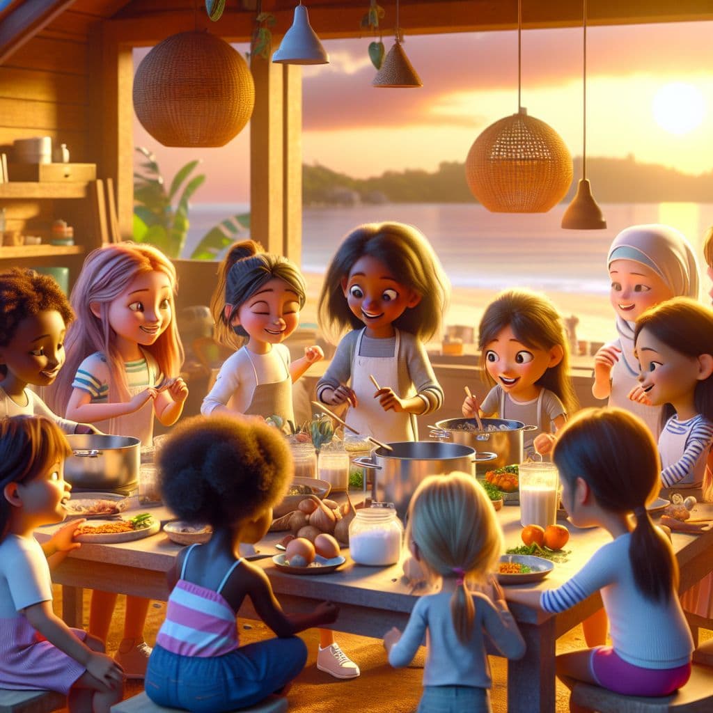 Digital art 4k scene from a movie: Generate an image of a group of young girls in a unique kindergarten setting, participating in a food competition test and bonding over cooking and conversation as the sun sets over a beach in the background.