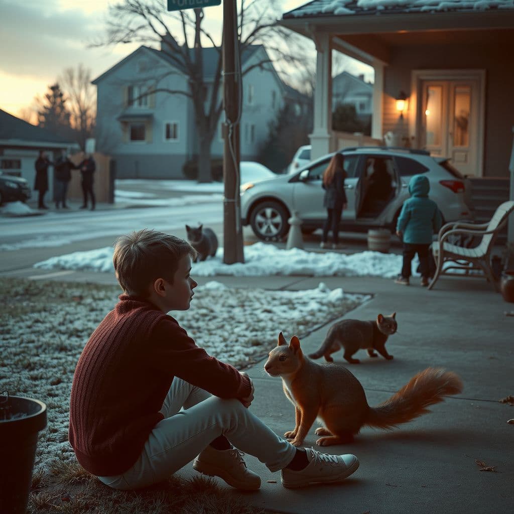 Surreal dream scene, cinematic and atmospheric, digital art: A contemplative young person sitting in a chilly front yard, watching a curious squirrel nearby, with distant reporters gathering outside a suburban neighborhood, while cats roam quietly in a hotel stairwell where siblings gently rescue them.