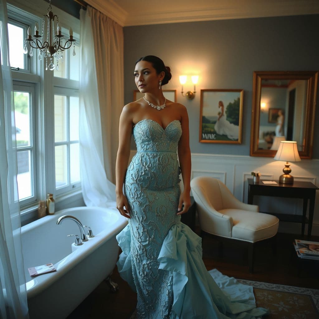 Surreal dream scene, cinematic and atmospheric, digital art: A woman in a teal mermaid-style wedding dress adorned with aquamarine jewelry stands thoughtfully in a softly lit room decorated with an elegant mermaid-themed bathroom motif, surrounded by wedding magazines and warm ambient lighting.
