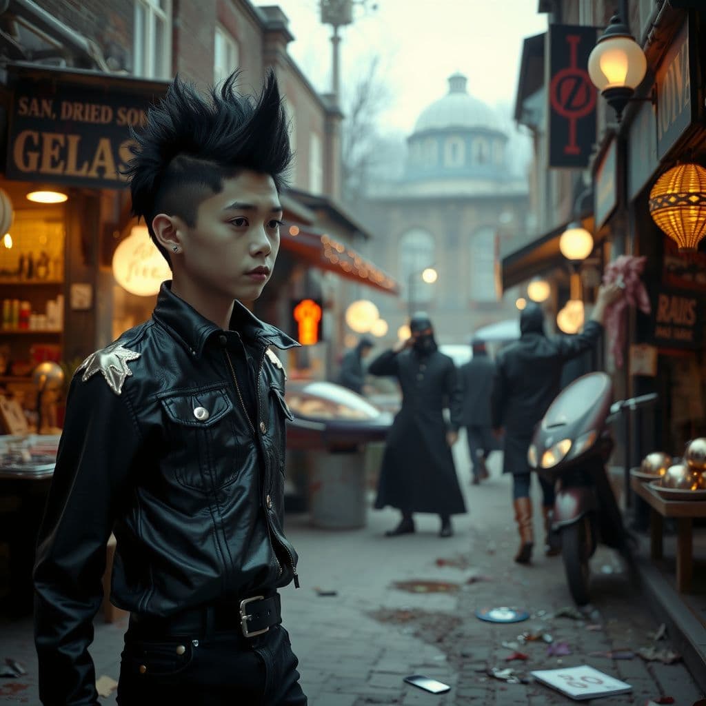 Surreal dream scene, cinematic and atmospheric, digital art: A young person with black mohawk and dark punk attire explores an abandoned, eerie market town filled with gothic trinkets, shadowy figures with theatrical makeup and fake blood, and a mysterious underground punk-themed event with spinning metal tops and darkwave music, capturing a moody, immersive punk atmosphere.