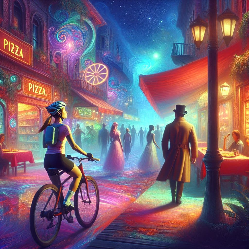 Surreal dream scene, cinematic and atmospheric, digital art: A person wearing cycling gear wanders through a surreal amusement park at night, discovering colorful restaurants and shops with familiar faces from their past watching quietly, while a mysterious man who resembles a famous artist follows them as they dance to salsa music inside a vibrant pizza restaurant.