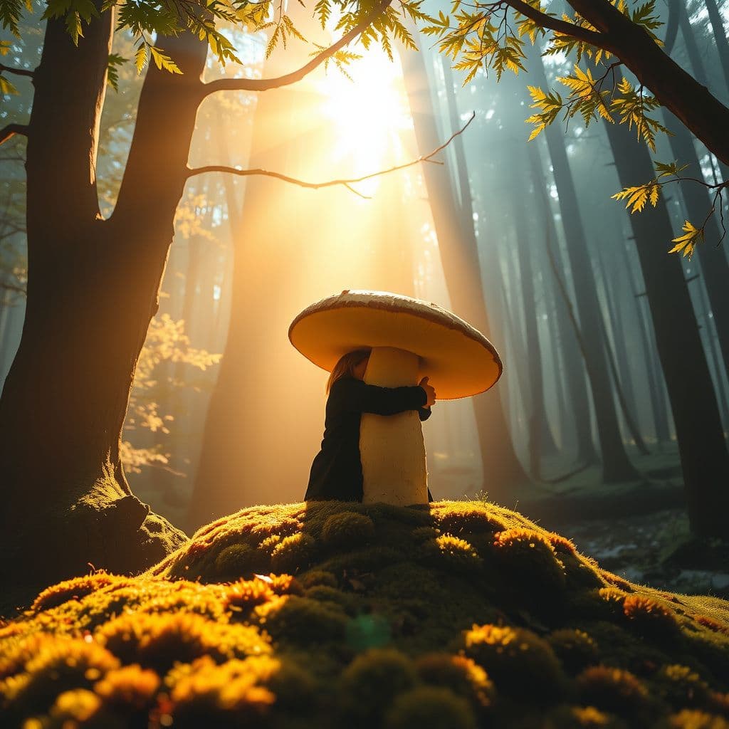 Surreal dream scene, cinematic and atmospheric, digital art: A person embraces a large, vibrant fly agaric mushroom on a warm, sunlit forest floor filled with soft moss and golden light, surrounded by an atmosphere of comfort, gentle magic, and colorful glowing auras.