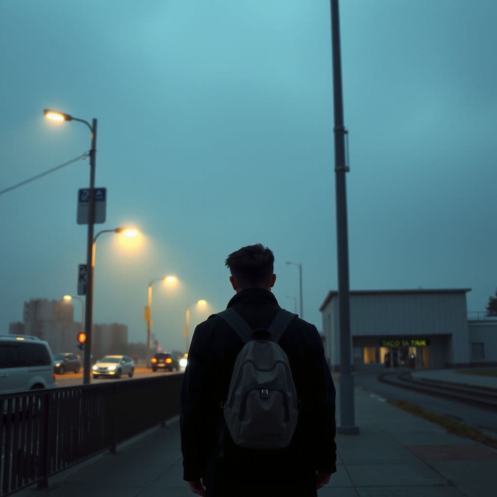 Surreal dream scene, cinematic and atmospheric, digital art: A young person wearing a black coat walks alone along quiet Santa Cruz sidewalks at early morning, reflecting on a late-night job application experience at a busy Taco Bell near a mysterious light rail station.