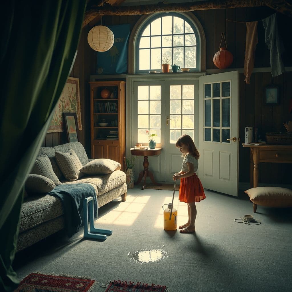 Surreal dream scene, cinematic and atmospheric, digital art: A cozy, rustic shed transformed into a warm, inviting spot with soft pillows and gentle sunlight streaming in, where a girl carefully avoids small rain spots on the floor while preparing to clean and brighten the space.