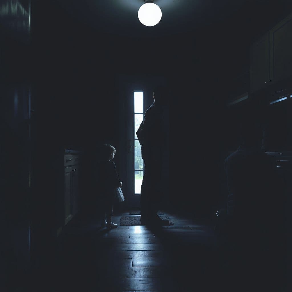 Surreal dream scene, cinematic and atmospheric, digital art: A dimly lit kitchen at night illuminated by soft moonlight through the window, where a silent little girl and her solemn mother stand quietly as a man looks toward the back door searching for an exit, while a grieving father kneels in the background with an expression of deep sorrow.