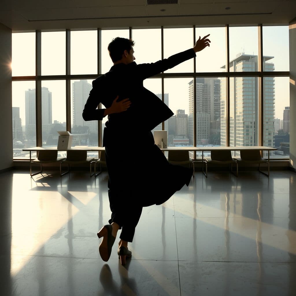 Surreal dream scene, cinematic and atmospheric, digital art: A person dancing gracefully in an empty, softly lit public room with a lively cityscape visible through large windows in the background.