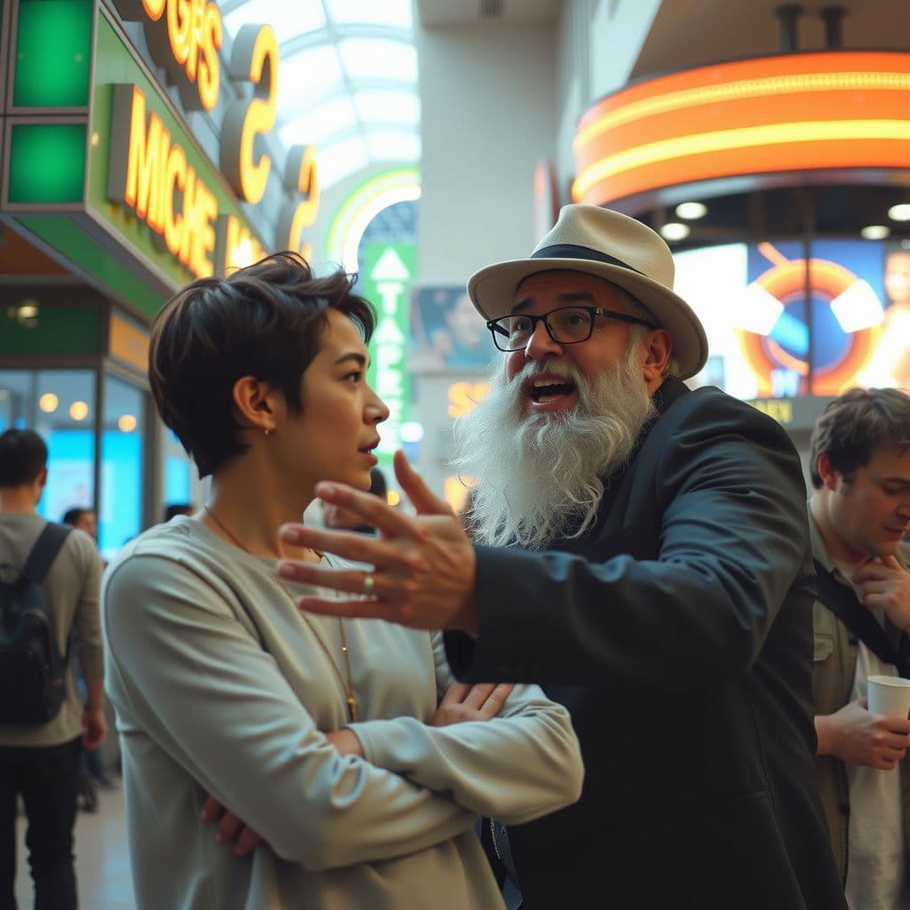 Surreal dream scene, cinematic and atmospheric, digital art: A surprised person encountering their quirky old music teacher performing a magical beard trick amid a lively, chaotic scene at a colorful mall arcade.