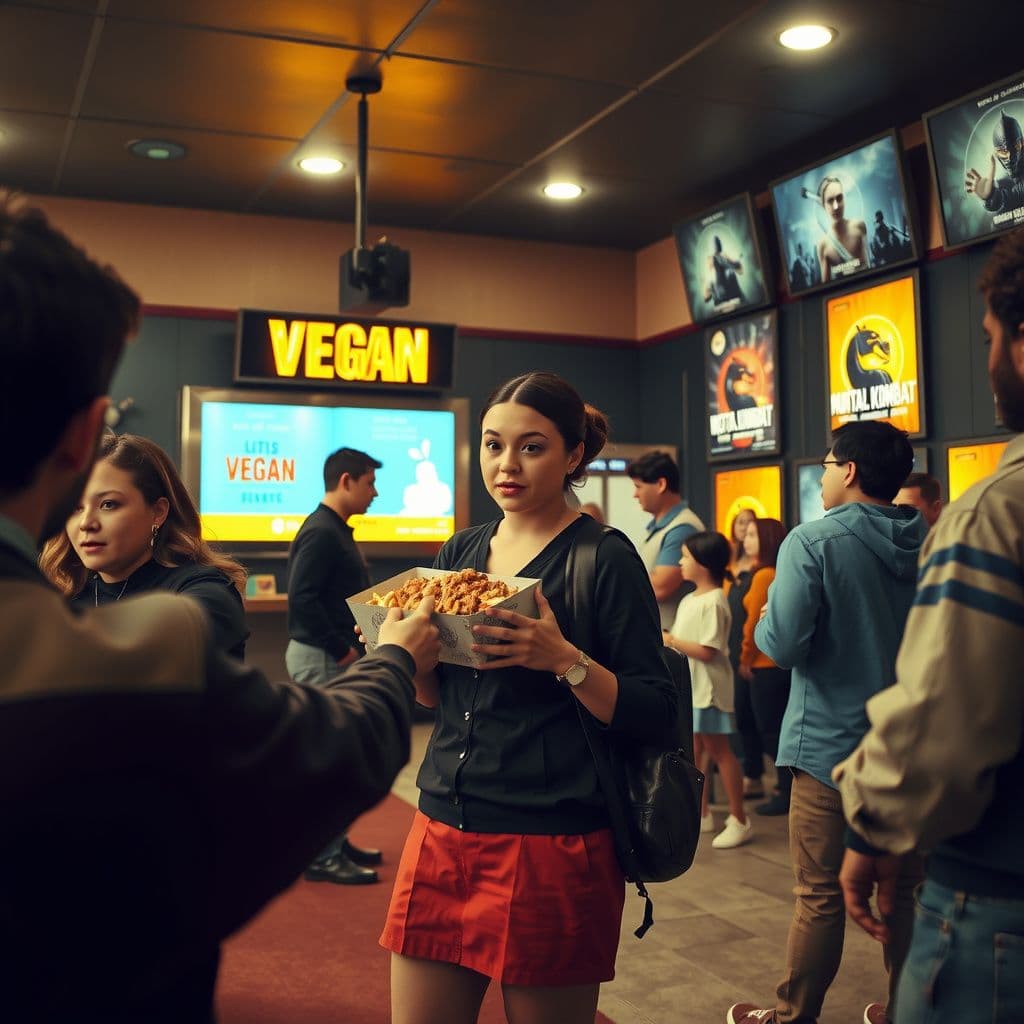 Surreal dream scene, cinematic and atmospheric, digital art: A scene showing a cozy movie theater lobby with a diverse crowd eagerly waiting in line, featuring a friendly concession worker handing a surprised young woman a large vegan chicken meal box, while movie posters for an action-fantasy film inspired by Mortal Kombat decorate the walls.