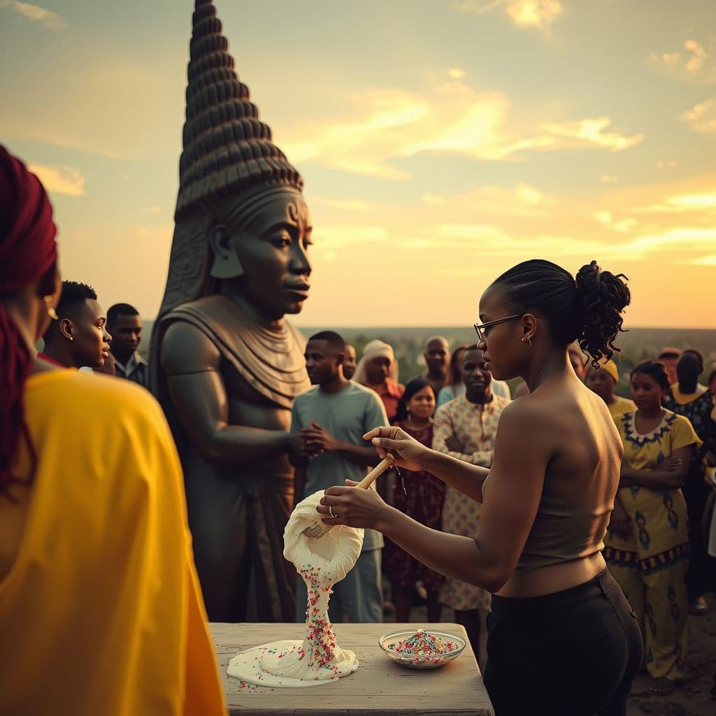 Surreal dream scene, cinematic and atmospheric, digital art: A diverse group of people gathered respectfully around a large, intricately carved African-style statue outdoors, while a woman carefully mixes a shimmering, colorful substance resembling edible slime with glitter and whipped cream, capturing a moment of cultural ritual and focused intention under a warm daylight sky.