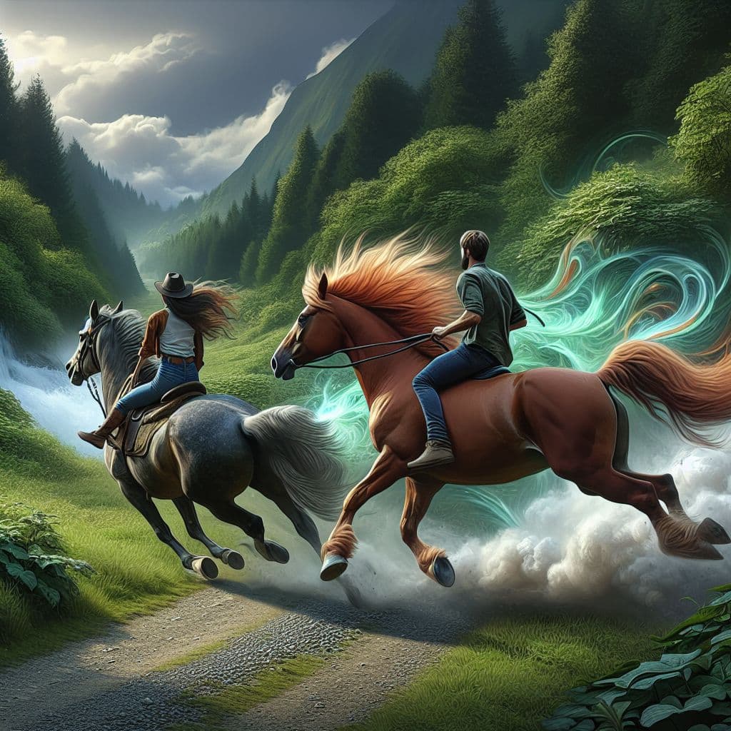Digital art 4k scene from a movie: Dall-e, generate an image of two people riding horses down a road, one person's horse spiralling out of control and the other person managing to grab the reins and bring both horses to a stop.