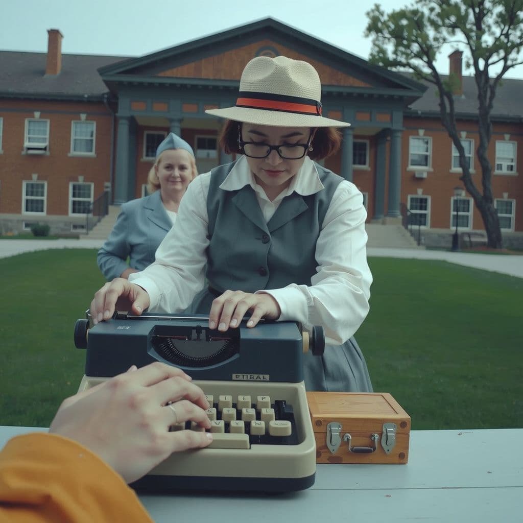 Surreal dream scene, cinematic and atmospheric, digital art: A person fumbling to type on a vintage typewriter while a woman in 1940s attire moves a wooden box nearby, set against a surreal backdrop blending an old-school community school building and digital internet symbols.