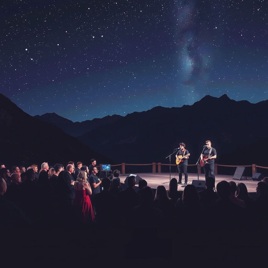 Surreal dream scene, cinematic and atmospheric, digital art: A crowd of diverse people dressed in dark clothing gather peacefully in a mountainous nighttime setting under a starry sky, watching a young band perform atmospheric darkwave music on an outdoor stage, while a sense of longing and hope fills the air.