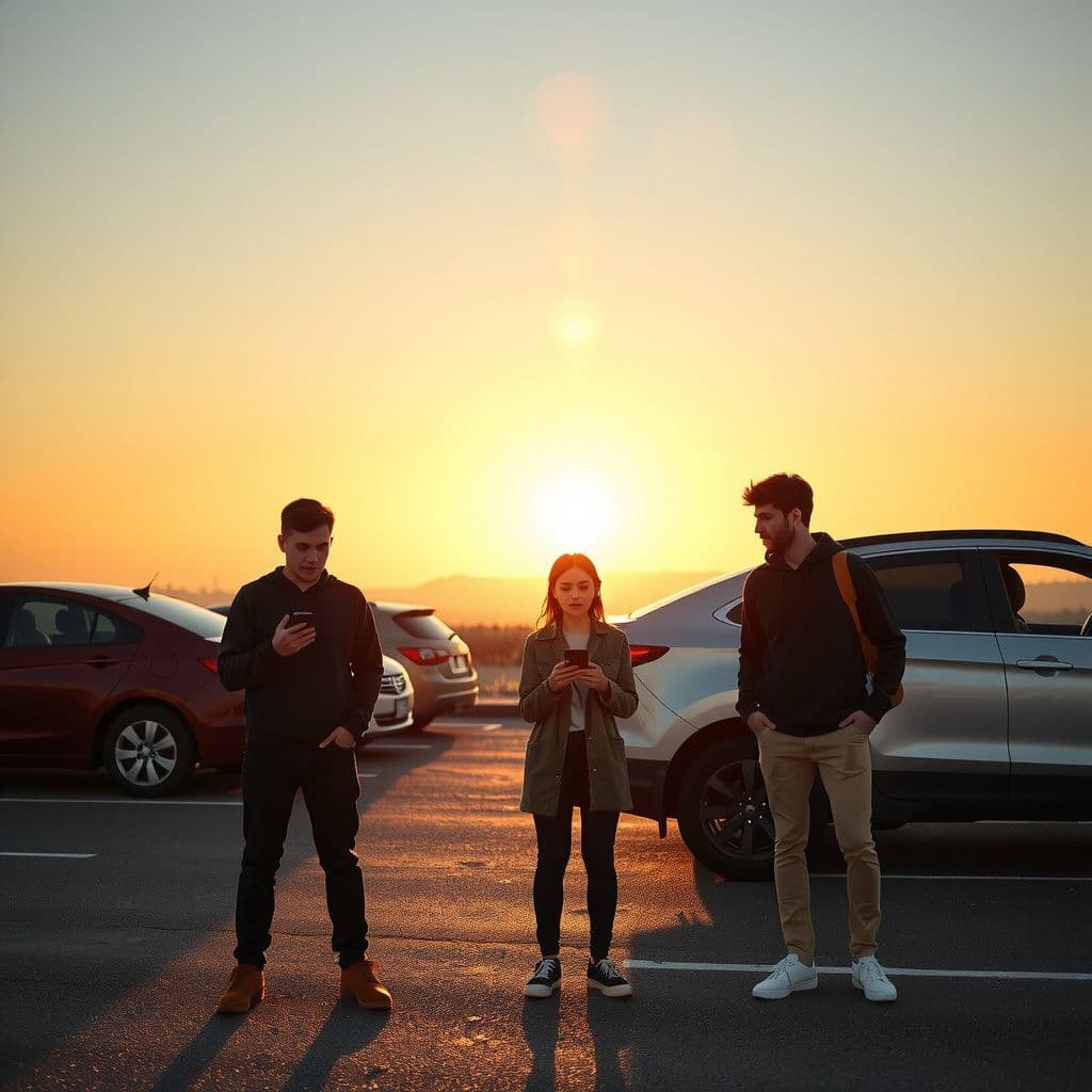 Surreal dream scene, cinematic and atmospheric, digital art: A group of three friends standing in a sunny parking lot near their cars, looking surprised as they check the time on their phone, with a casual and warm morning atmosphere.