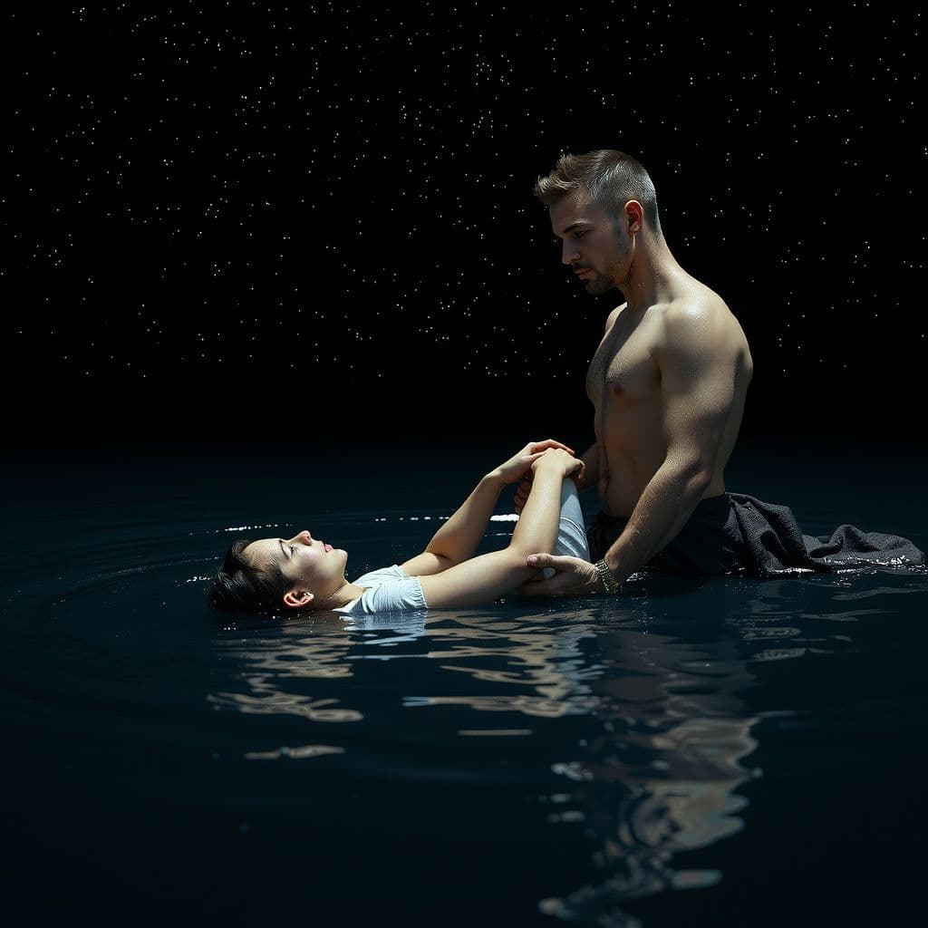 Surreal dream scene, cinematic and atmospheric, digital art: A surreal scene shows a person engulfed in dark, star-reflecting water blending seamlessly with the night sky, reaching out to a serious, shirtless man with a toned physique who gently holds and comforts them like a protective guardian.