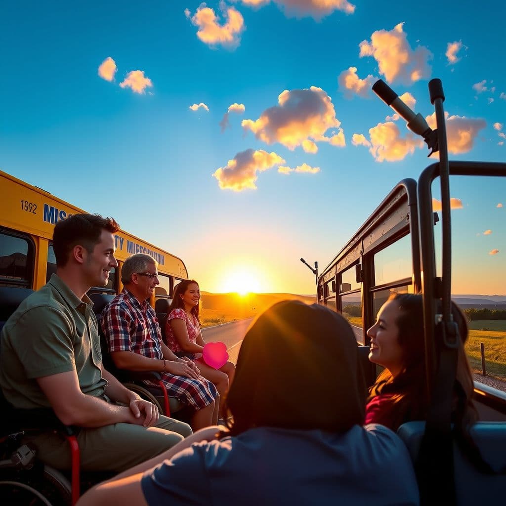 Surreal dream scene, cinematic and atmospheric, digital art: A heartwarming scene of diverse friends with various disabilities sharing joyful moments and support while traveling together on a colorful bus through a peaceful countryside at sunset.