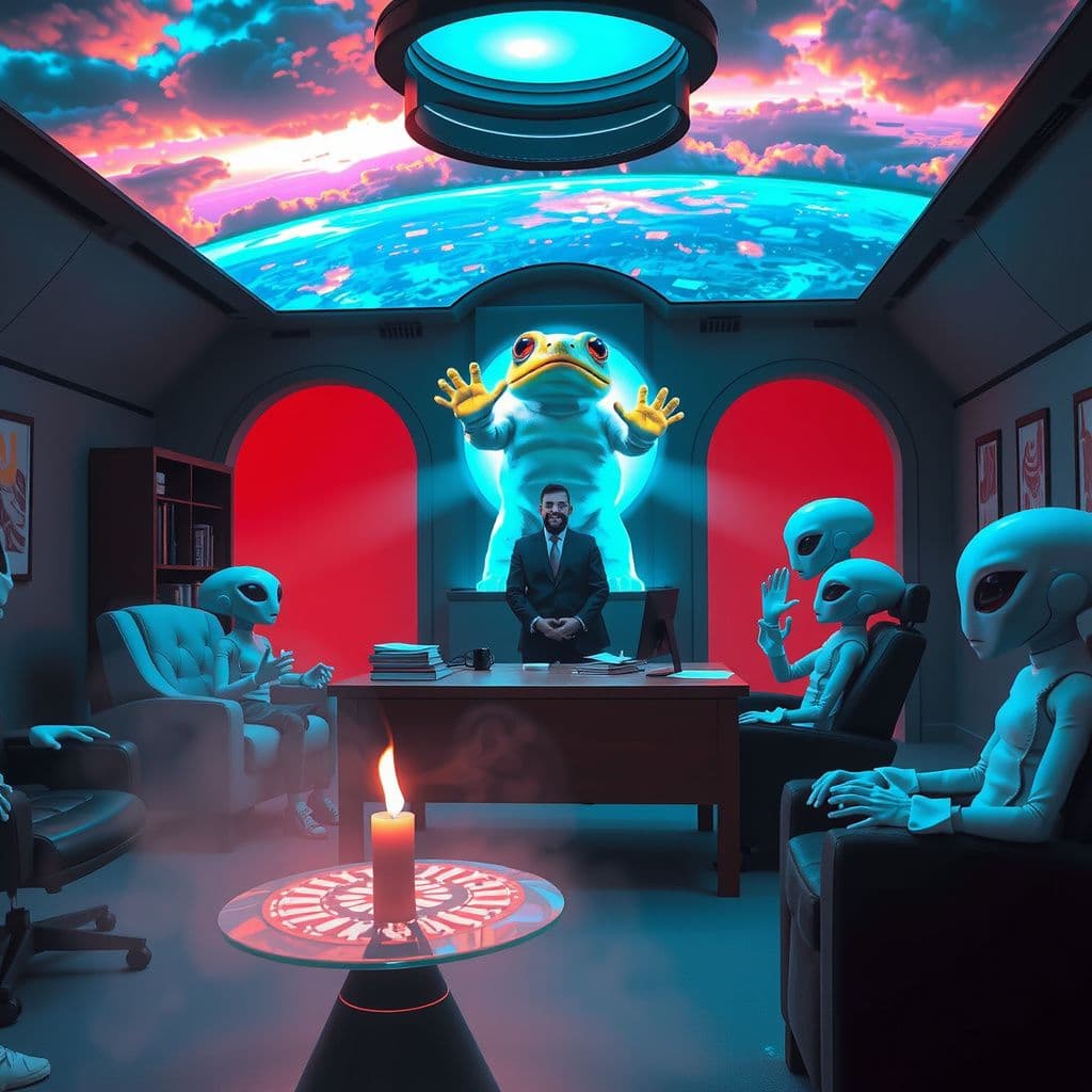 Surreal dream scene, cinematic and atmospheric, digital art: A surreal, colorful scene depicting a magical truple reunited in a futuristic office where a glowing, transforming toad bursts into a man, surrounded by curious aliens worshiping at a mysterious shrine under a vibrant, otherworldly sky.