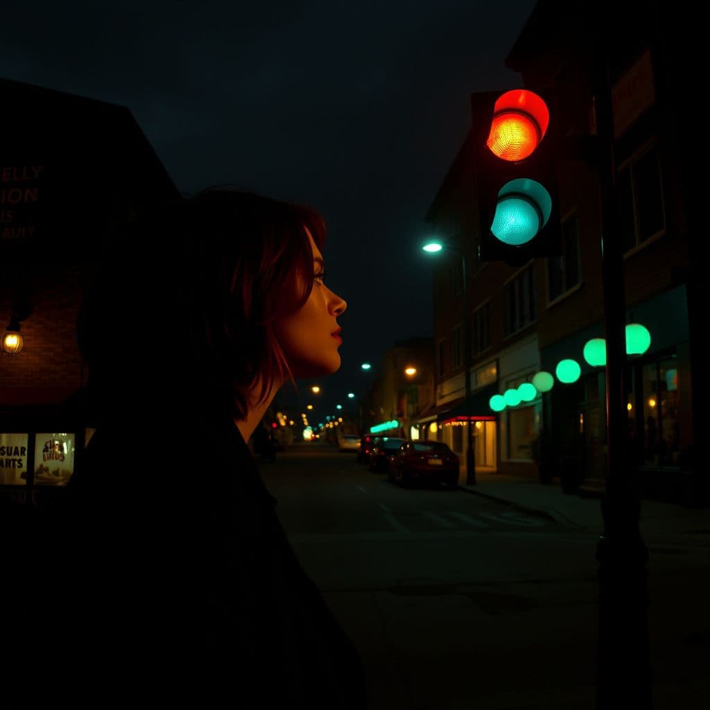 Surreal dream scene, cinematic and atmospheric, digital art: A surreal nighttime scene of a woman walking home from a bar with a glowing traffic light that appears to be whispering to her, surrounded by softly illuminated city streets, while subtle, ethereal voices seem to emanate from shadows nearby, capturing a mysterious and contemplative atmosphere.