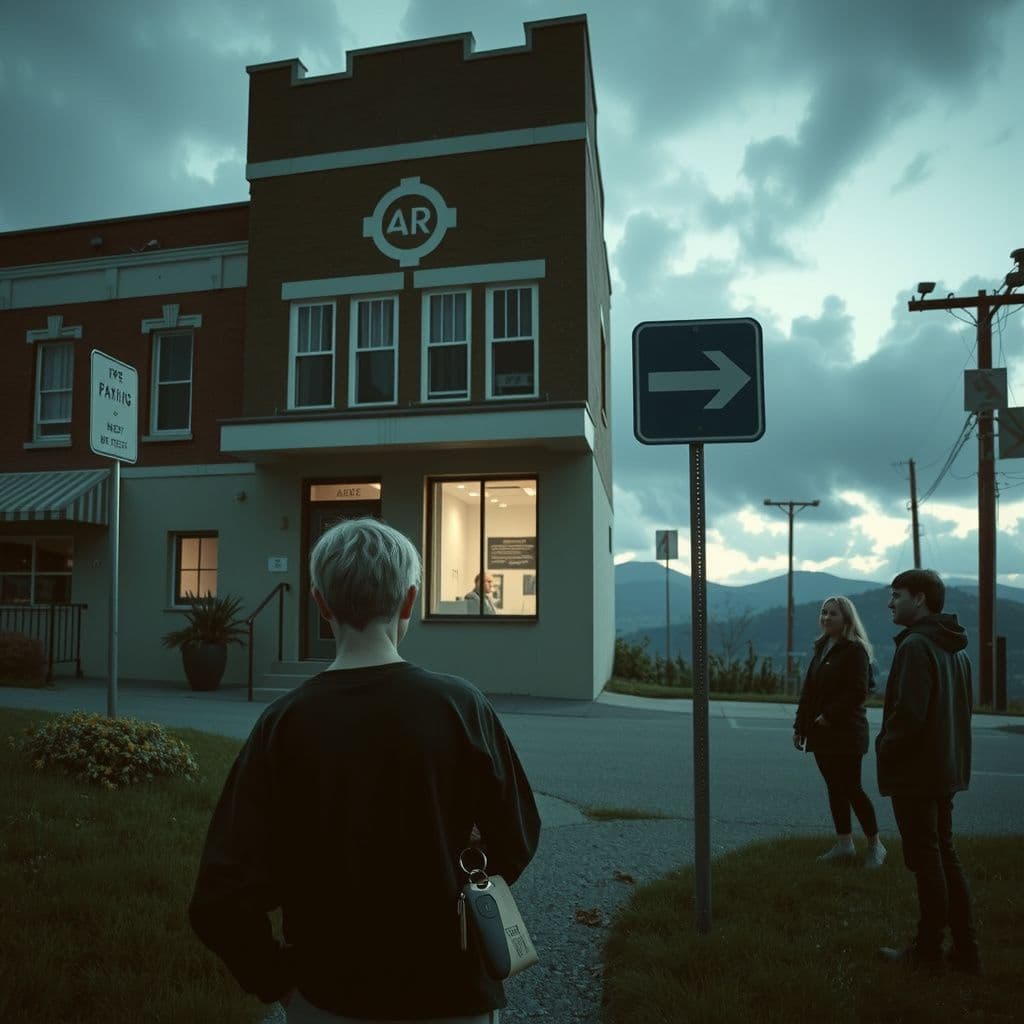 Surreal dream scene, cinematic and atmospheric, digital art: A vivid dream scene of a person standing beside a familiar old building now housing a new business, holding a set of car keys found on the ground near a parking spot on a hill, while two friends enter the building and a smiling passerby listens knowingly.